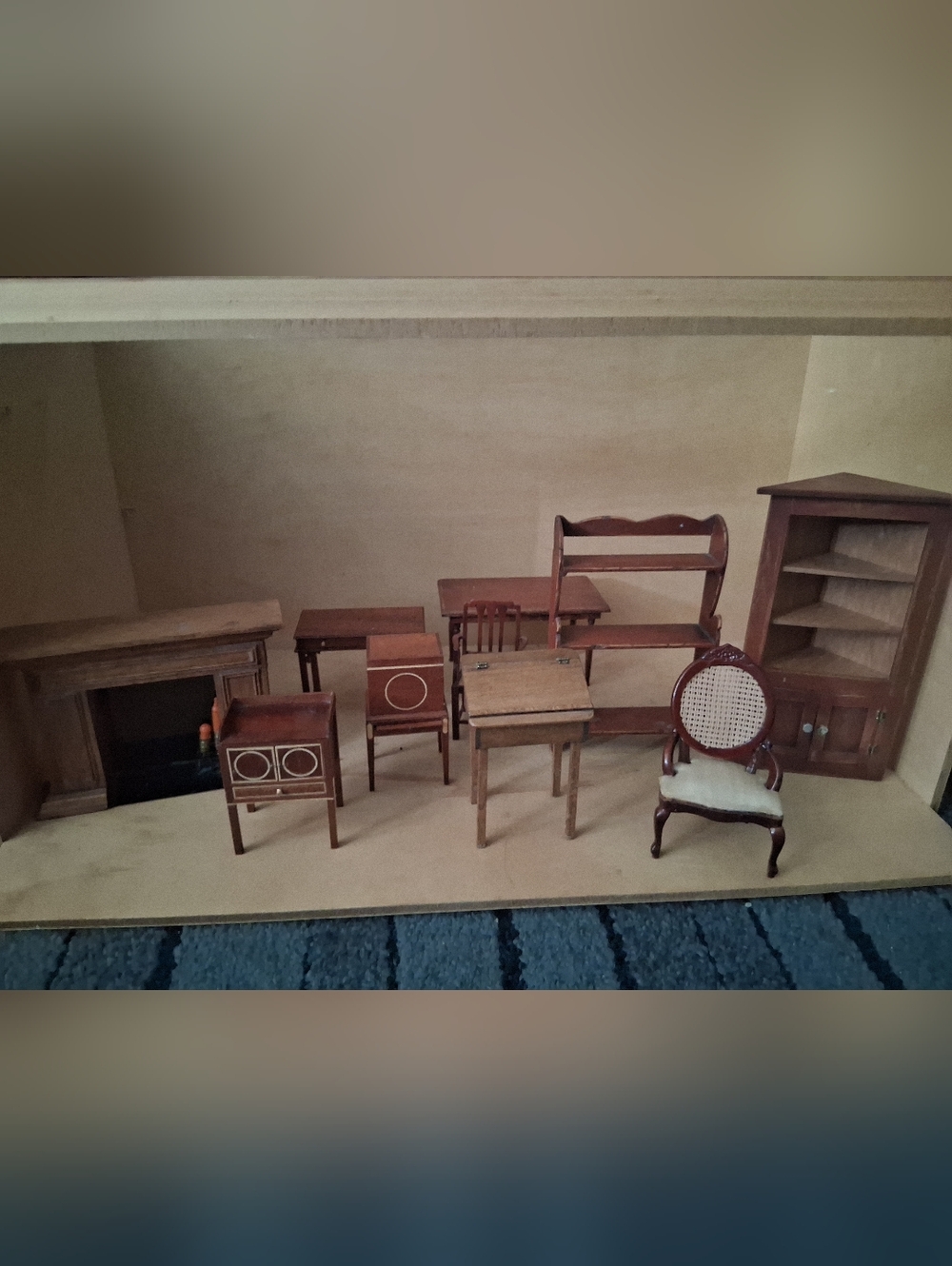 Vintage 1980s Miniature Wooden Dollhouse Living Room Furniture Set